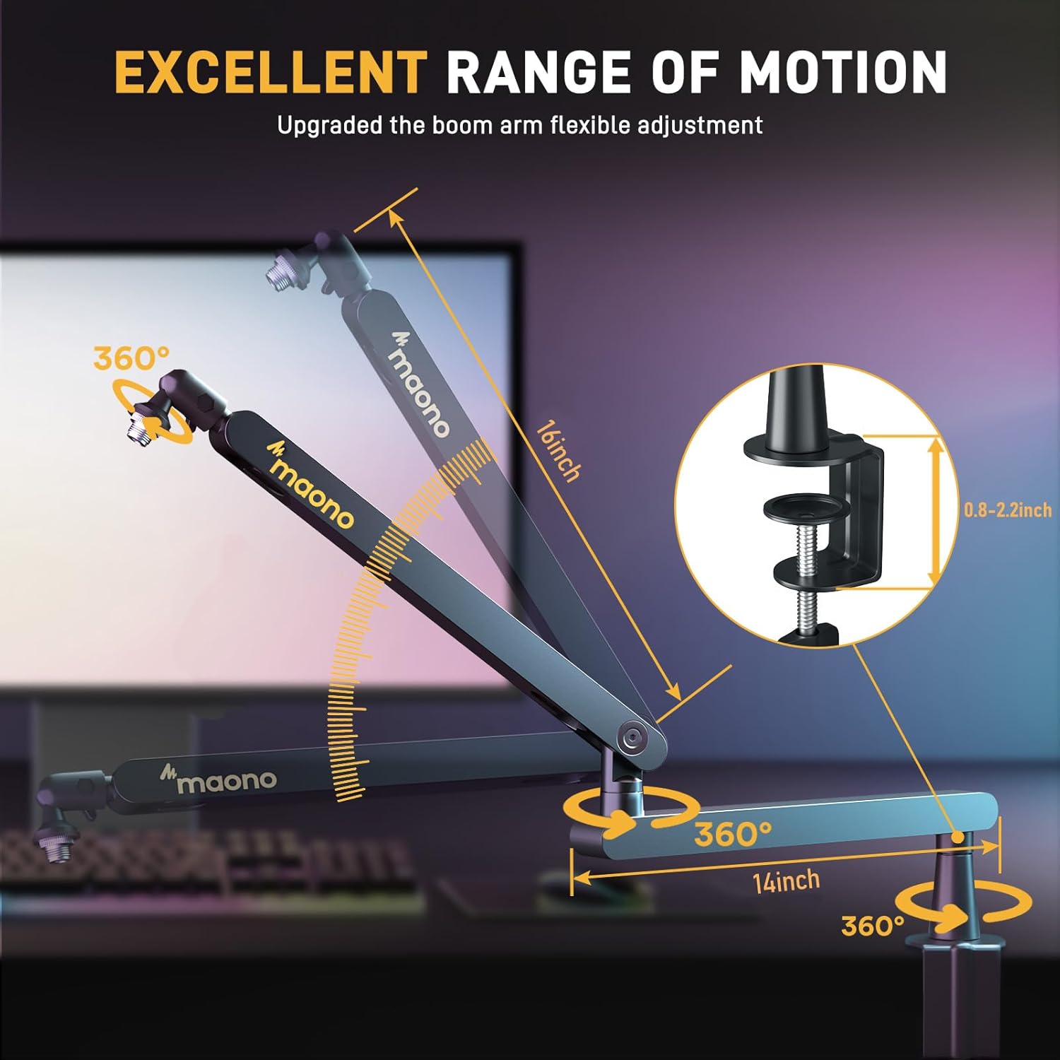 MAONO Low Profile Microphone Arm, Mic Boom Arm with Cable Management Channels, Desk Clamp, Versatile - AHW Store