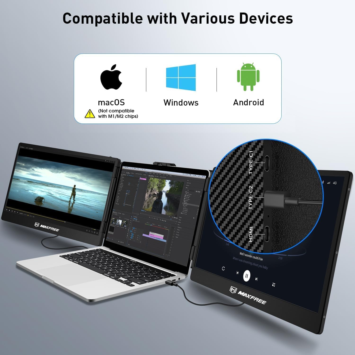 Maxfree S2 Triple Monitor for Laptop, 14 Laptop Monitor Extender Plug & Play, 1080P HD Portable Lapt - AHW Store