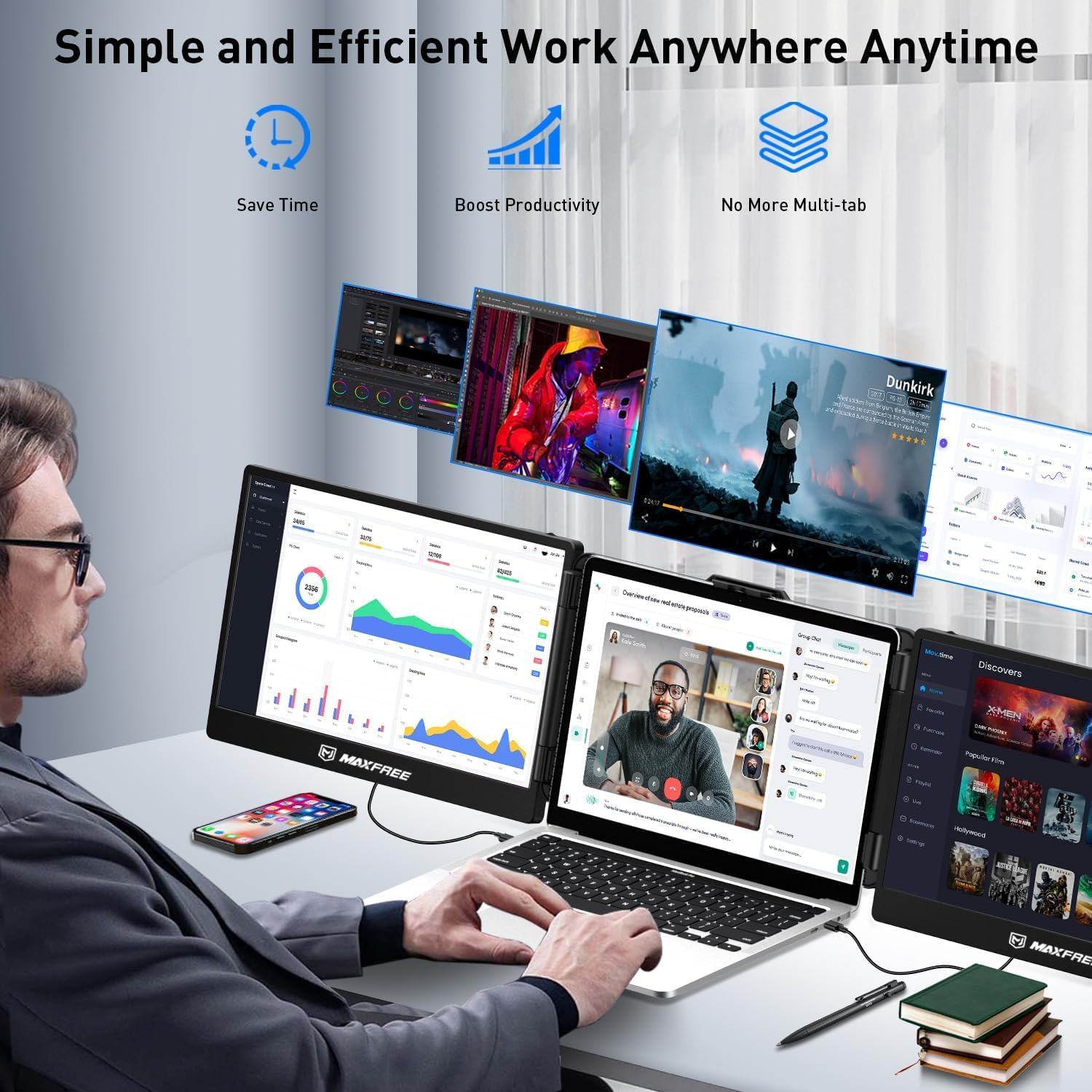 Maxfree S2 Triple Monitor for Laptop, 14 Laptop Monitor Extender Plug & Play, 1080P HD Portable Lapt - AHW Store
