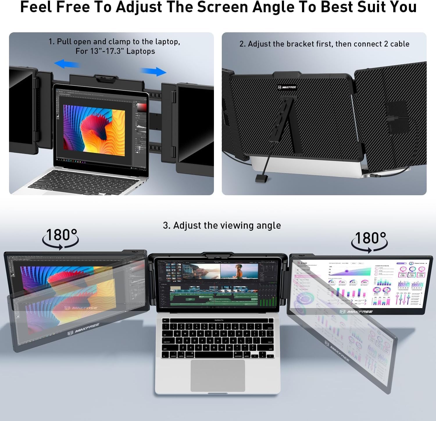 Maxfree S2 Triple Monitor for Laptop, 14 Laptop Monitor Extender Plug & Play, 1080P HD Portable Lapt - AHW Store