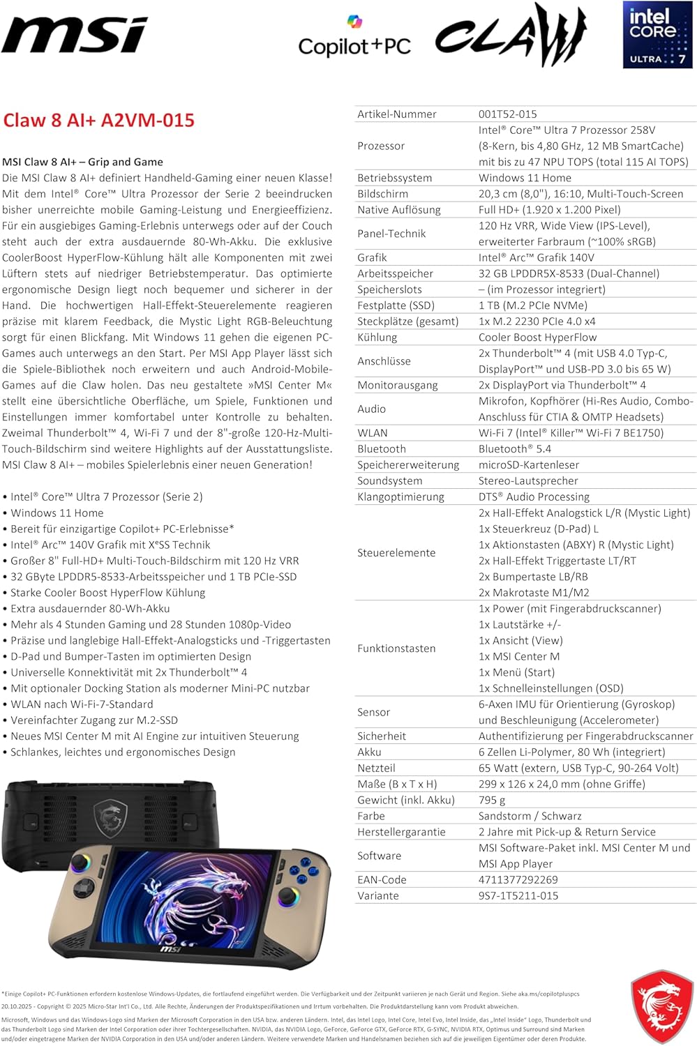 MSI Claw 8 AI+ A2VM Handheld, 8 Inch FHD+ 120Hz Display, Intel Core Ultra 7 258V Processor 32GB Ram 1TB SSD - AHW Store