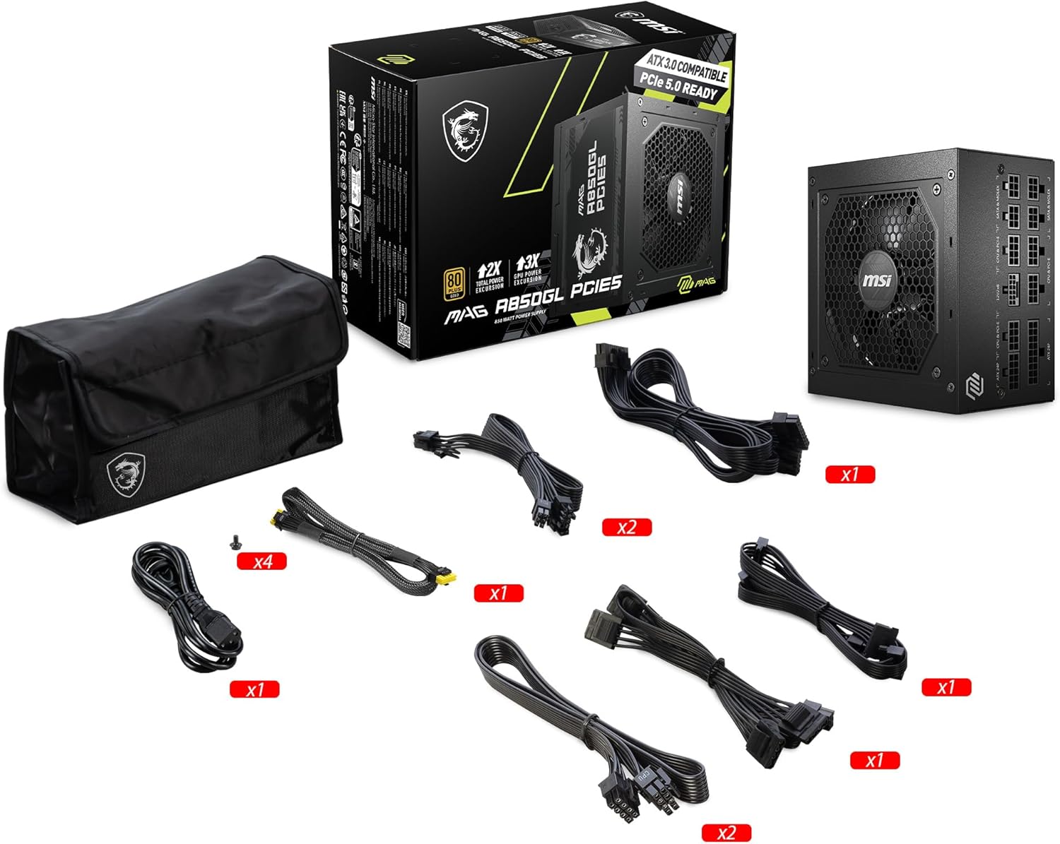 MSI MAG 850W Power Supply 80 Plus Gold - ATX 3.0 PCIe 5.0 Ready - 12VHPWR [MAG A850GL PCIE5] - AHW Store