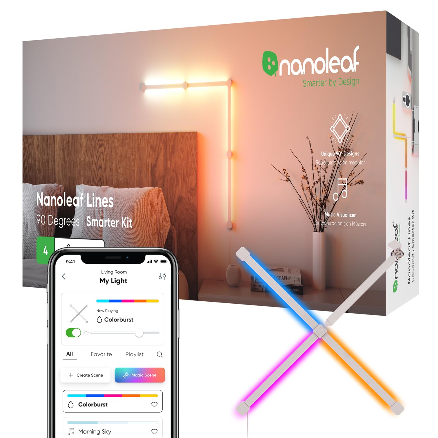 Nanoleaf Lines 90 Degree Squared WiFi Smart RGBW 16M+ Color LED Dimmable Gaming and Home Decor Wall - AHW Store