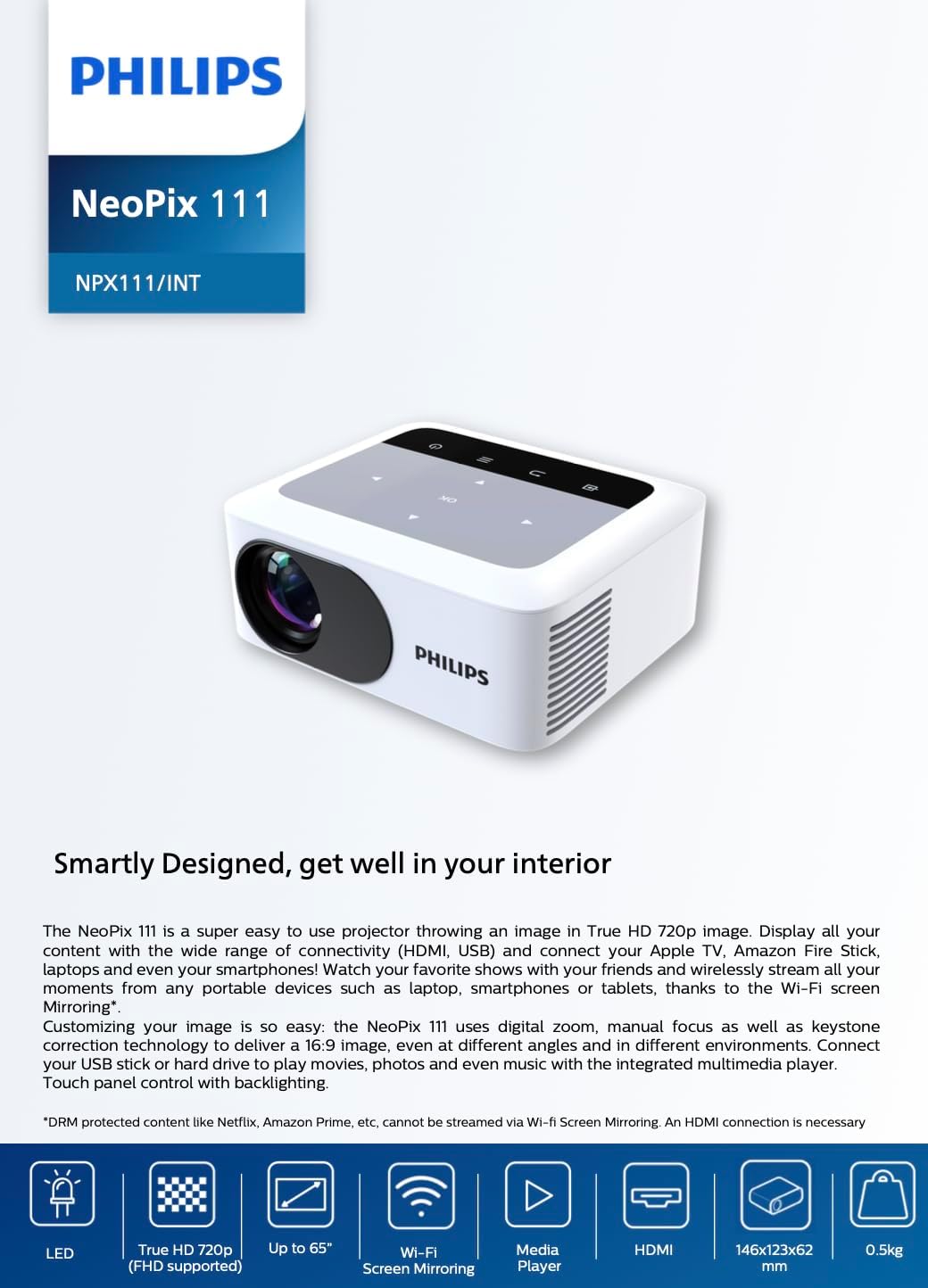 Philips NeoPix 111, True HD 720p Mini Projector with Built - in Dual Band Wi - Fi Screen Duplication - AHW Store
