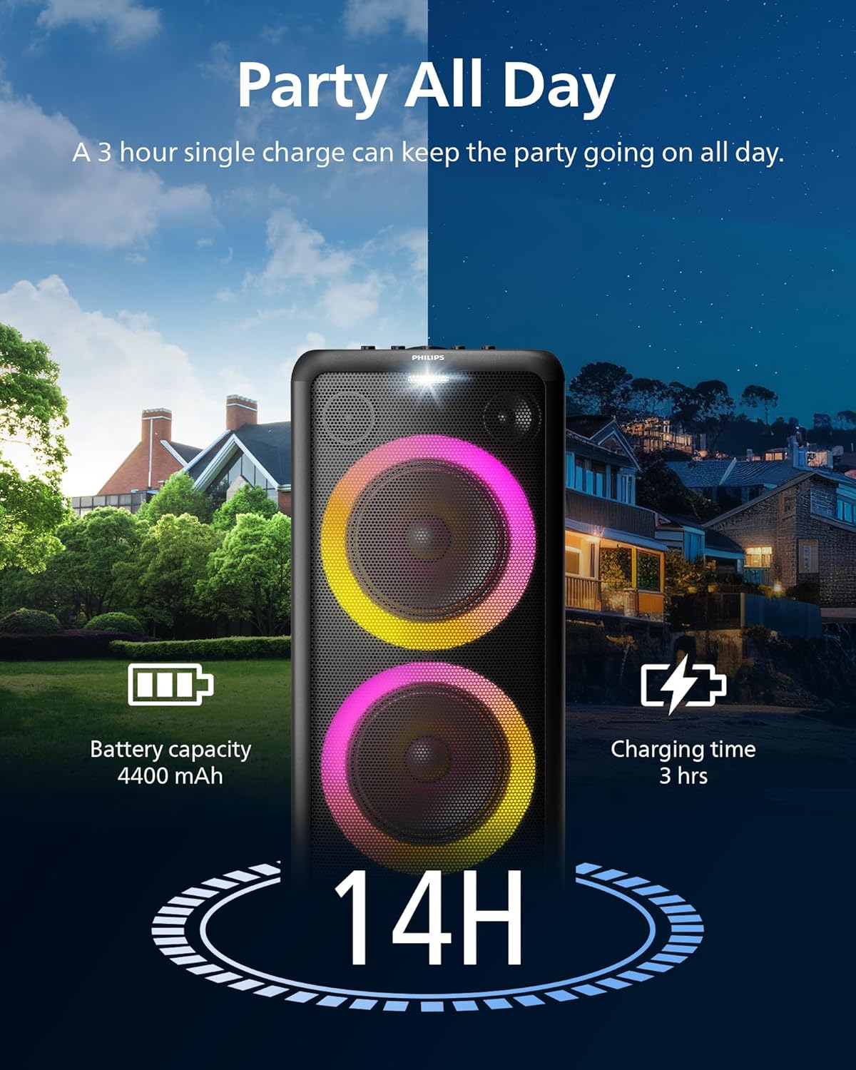 Philips X5206 Bluetooth Party Speaker with Extra bass, Up to 14 Hours Battery, Party Lights and Kara - AHW Store