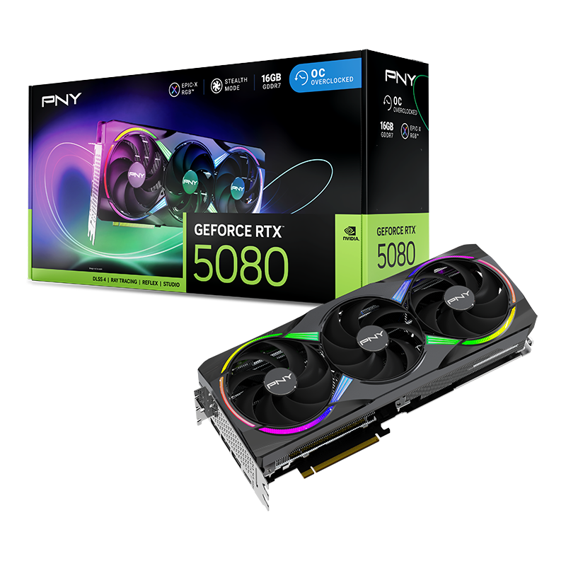 PNY GeForce RTX 5080 16GB GDDR7 Epic-X ARGB OC Graphics Card Black