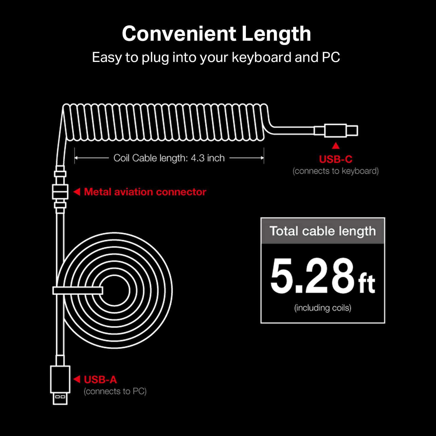 Redragon A115 Coiled USB C Keyboard Cable 1.61m Custom Type C Mechanical Gaming Keyboard Cord Detachable Metal Aviator Connector Double Sleeved Durable Braided Wire Black - AHW Store