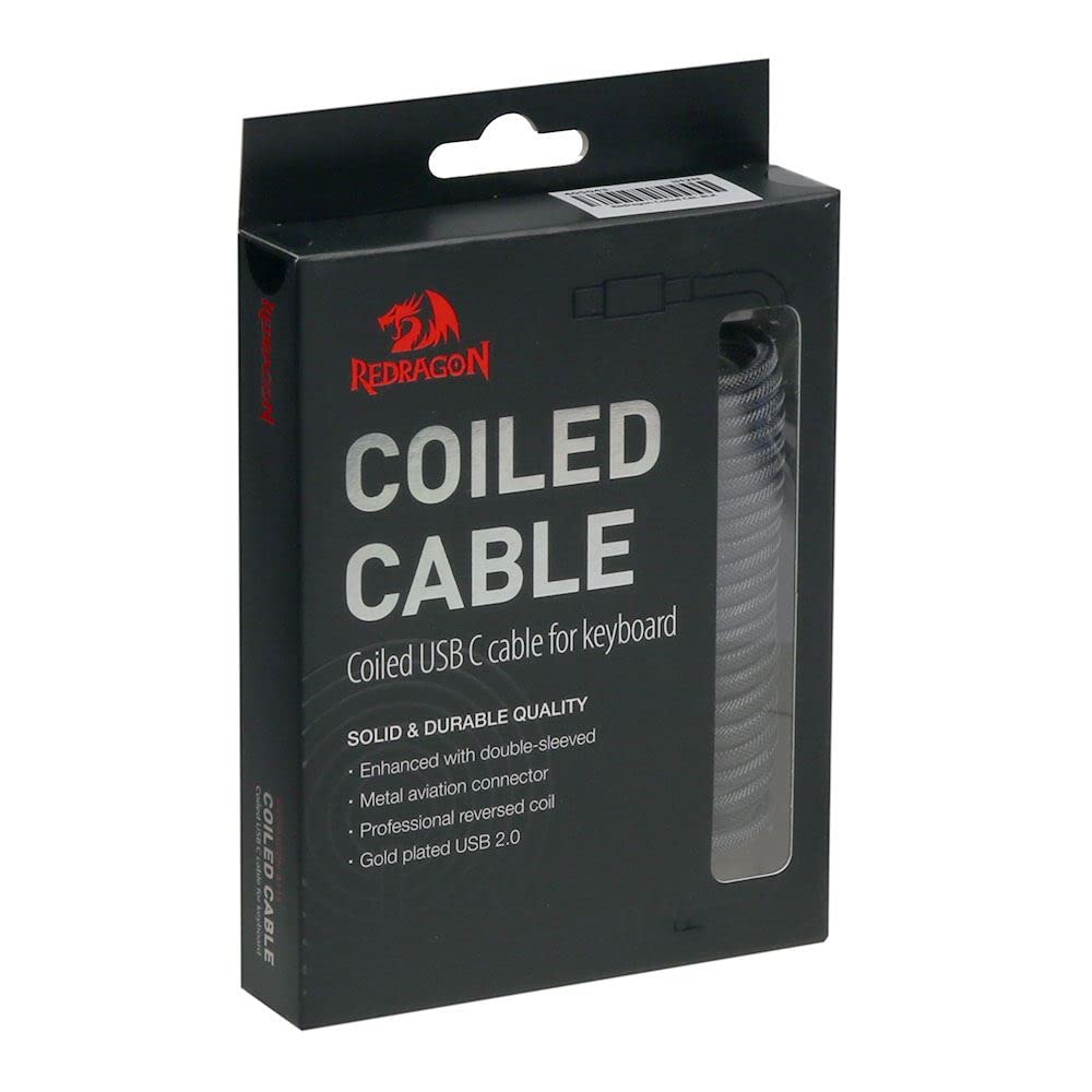 Redragon A115 Coiled USB C Keyboard Cable 1.61m Custom Type C Mechanical Gaming Keyboard Cord Detachable Metal Aviator Connector Double Sleeved Durable Braided Wire Black - AHW Store