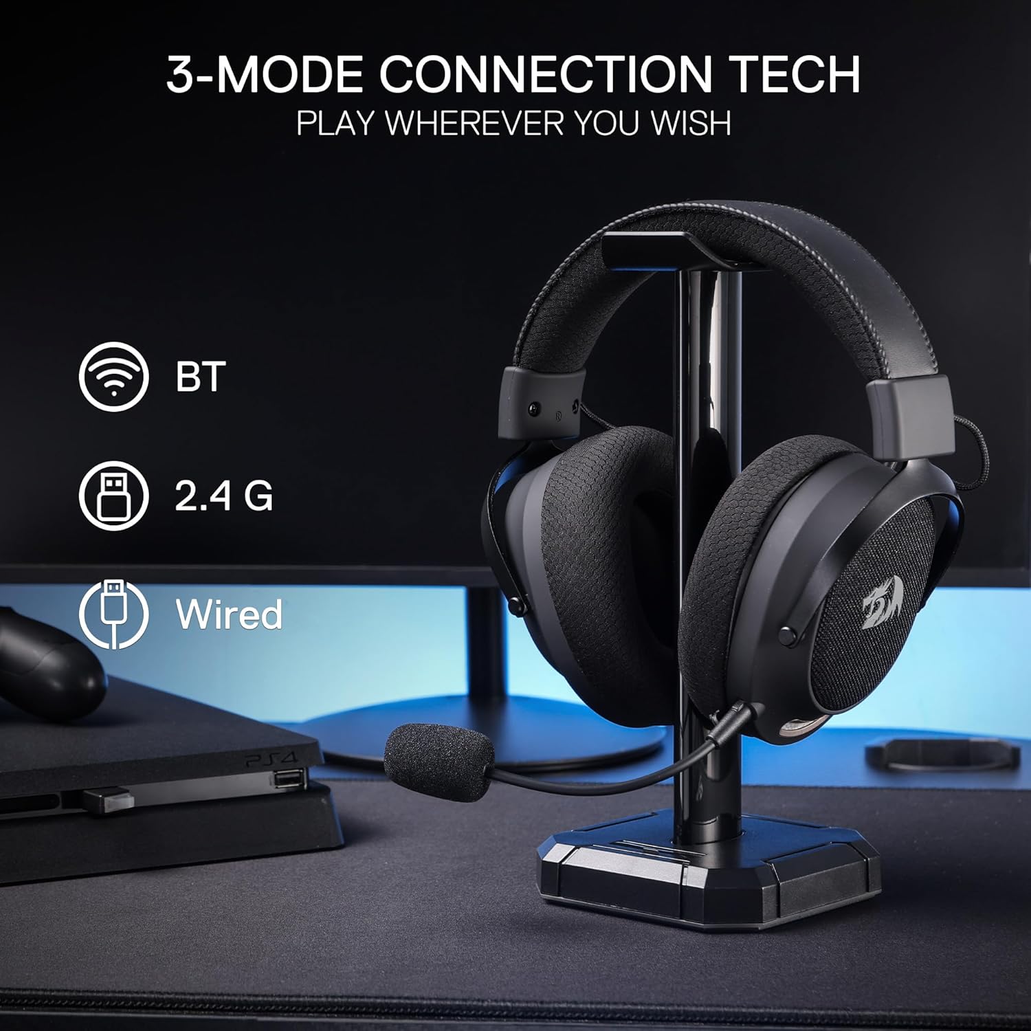 Redragon H858 Gaming Headset, 2.4GHz/BT/Wired, Gray - AHW Store