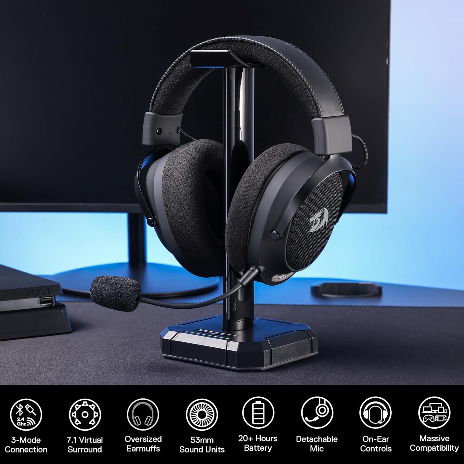 Redragon H858 Gaming Headset, 2.4GHz/BT/Wired, Gray - AHW Store