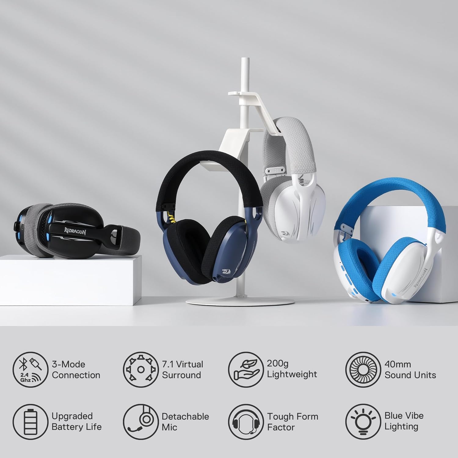 Redragon H878 3 - Mode Wireless Blue Lighting Gaming Headset - Lightweight - 7.1 Surround Sound - 40MM - AHW Store