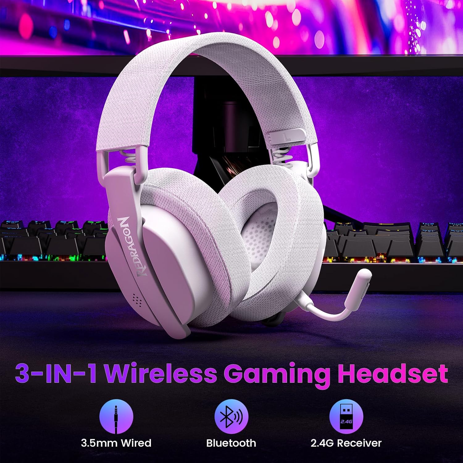 Redragon H888 Wireless Gaming Headset with 7.1 Surround Sound, Tri - Mode Gaming Headphones, 168G Ligh - AHW Store