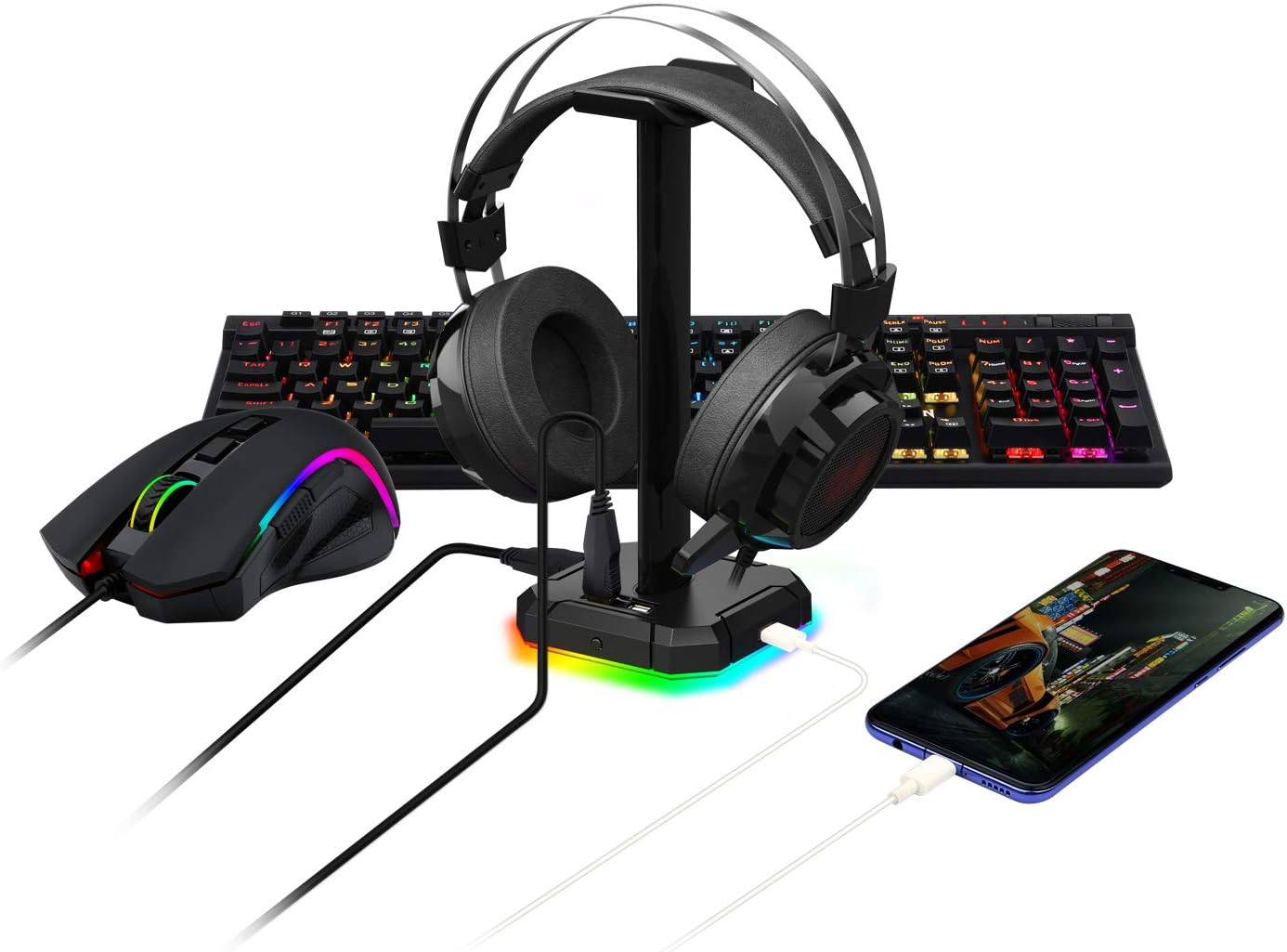Redragon HA300 SCEPTER Pro RGB Backlit Gaming Headphone Stand with 10 RGB Lighting Modes and 4 USB P - AHW Store