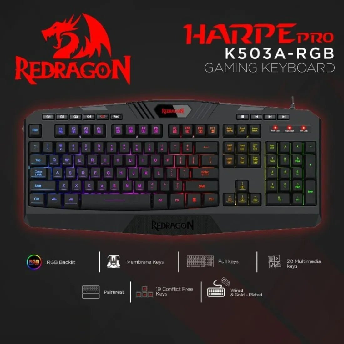 Redragon K503 Harpe RGB Wired Gaming Keyboard Membrane English Black - AHW Store