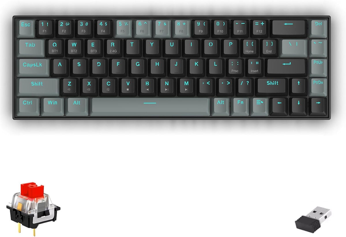 Redragon K662 Gwern Dual Mode Wireless, Bluetooth Gaming Mechanical Keyboard, Red Switch, (Black Grey) - AHW Store