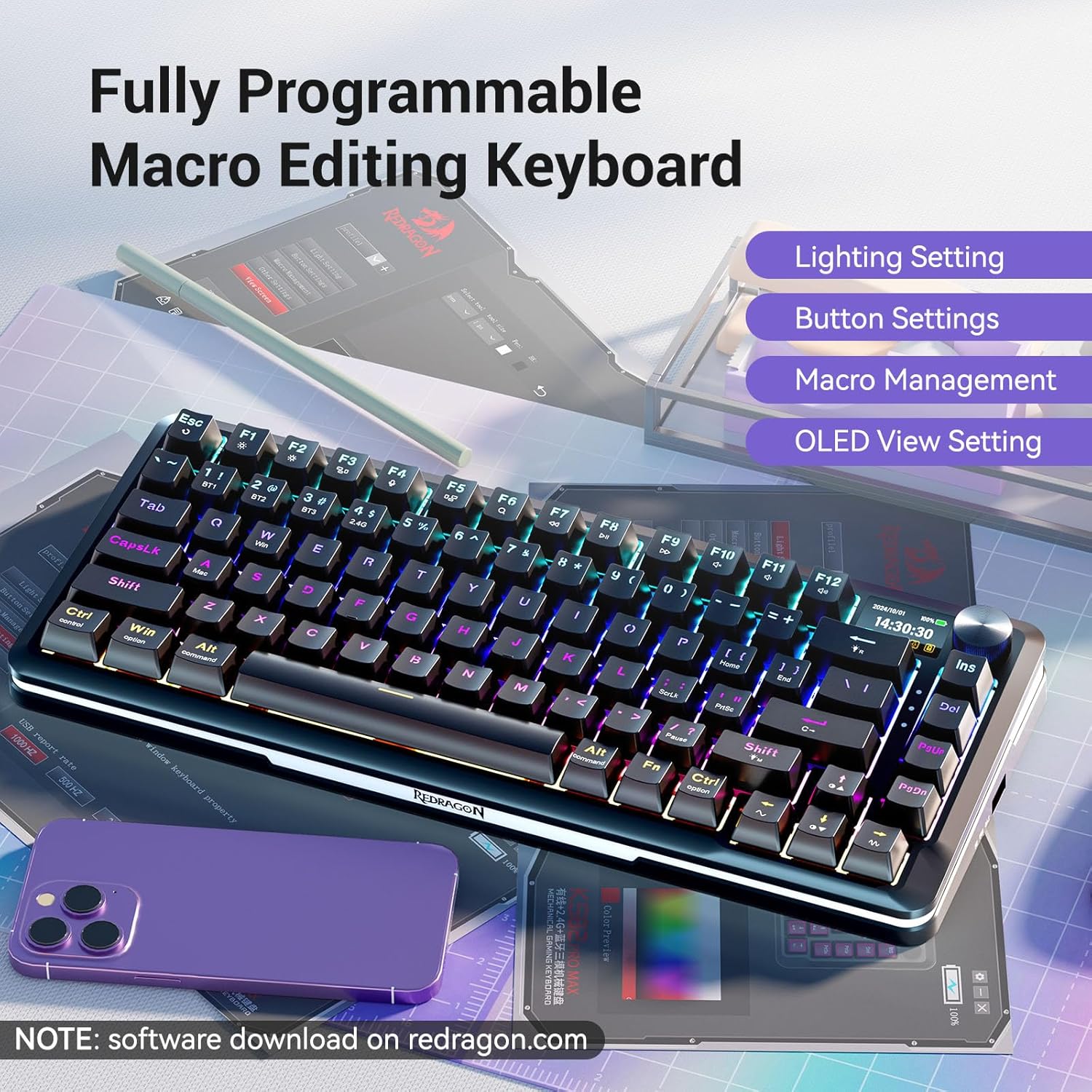 REDRAGON K708 FLEKACT PRO RGB Gaming Mechanical Keyboard, BT/2.4Ghz/Wired 3 - Mode, Leopard L Switch L - AHW Store