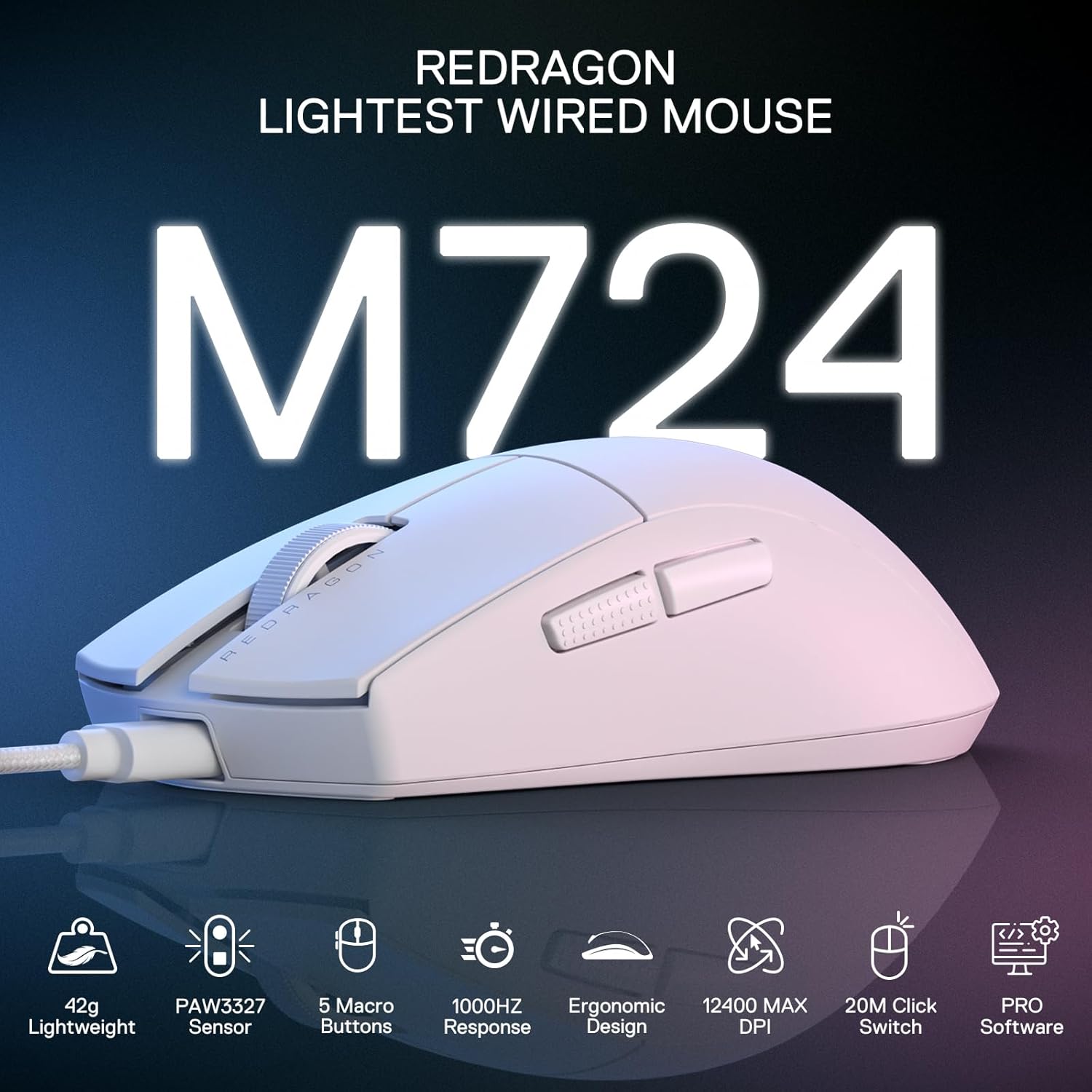 Redragon M724 Gaming Mouse, Wired, White, 3327 - AHW Store