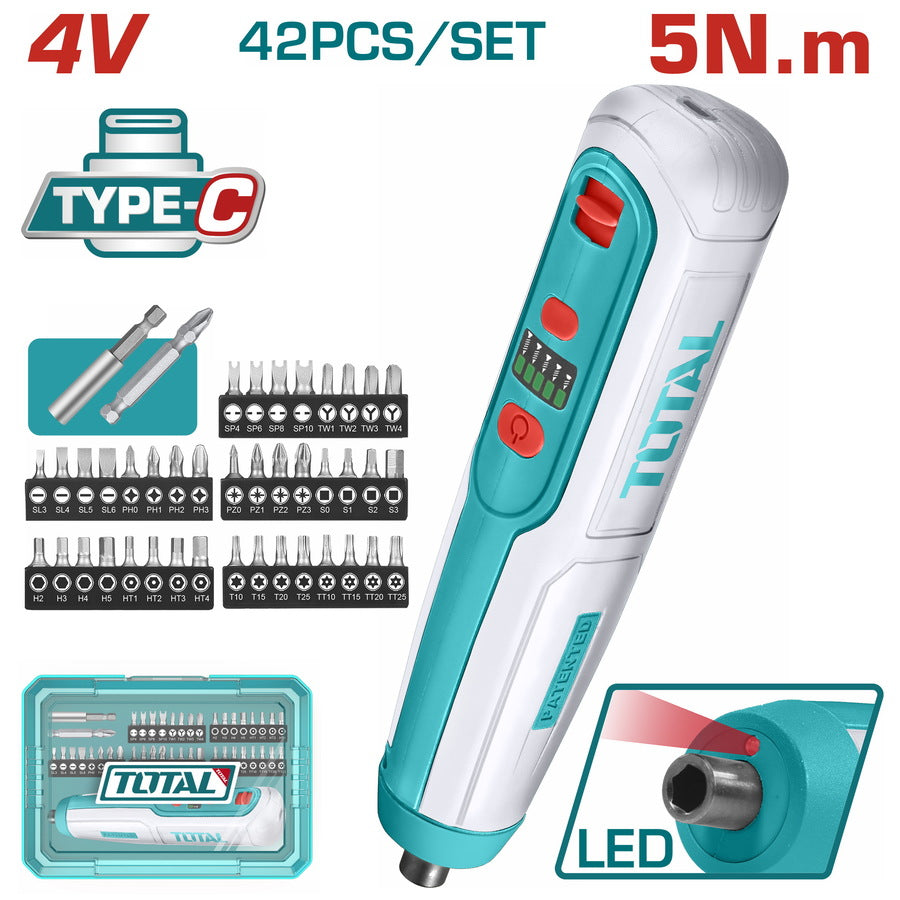 Total 4V 5N.m Cordless Screwdriver + 43-Piece Accessory Set (TSDLI04062)