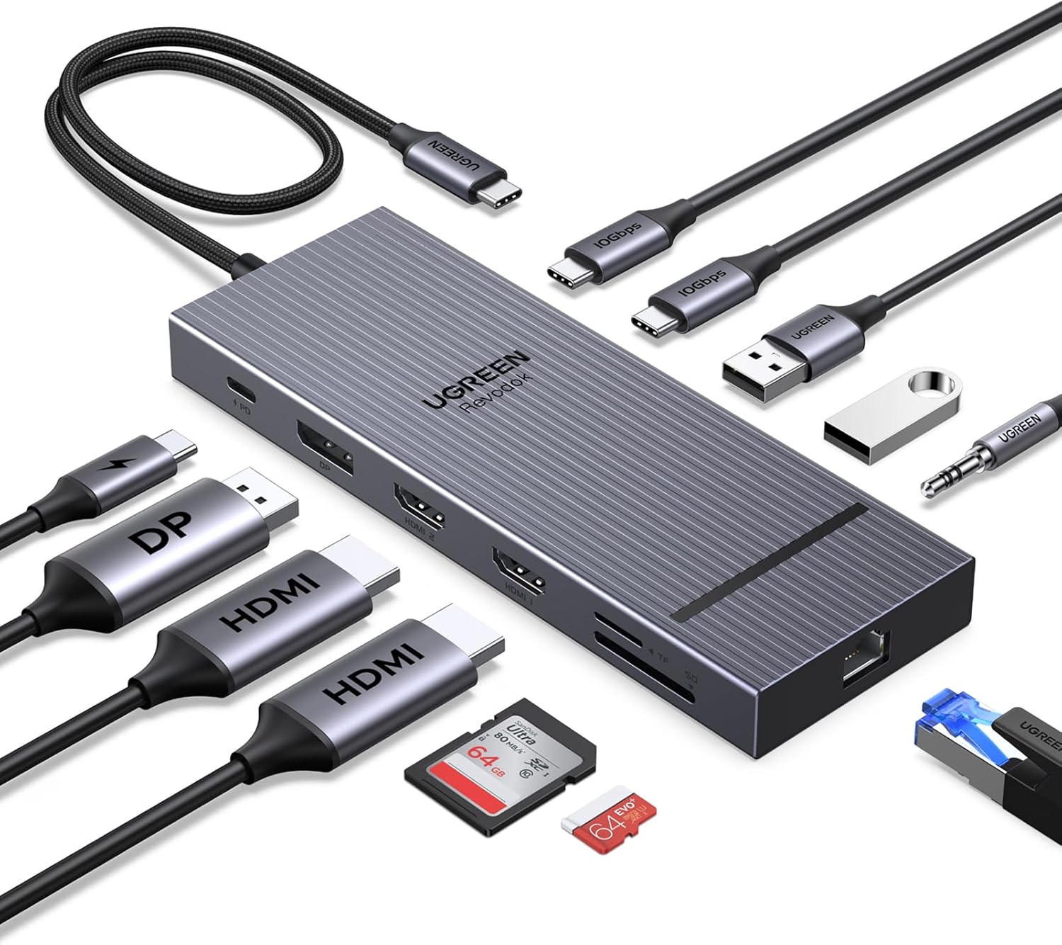 UGREEN 12 in 1 Triple 4K Docking Station with 2 HDMI, DP, 2x10G USB C, 2脳USB - A2.0, 100W PD, SD/TF, 1 - AHW Store