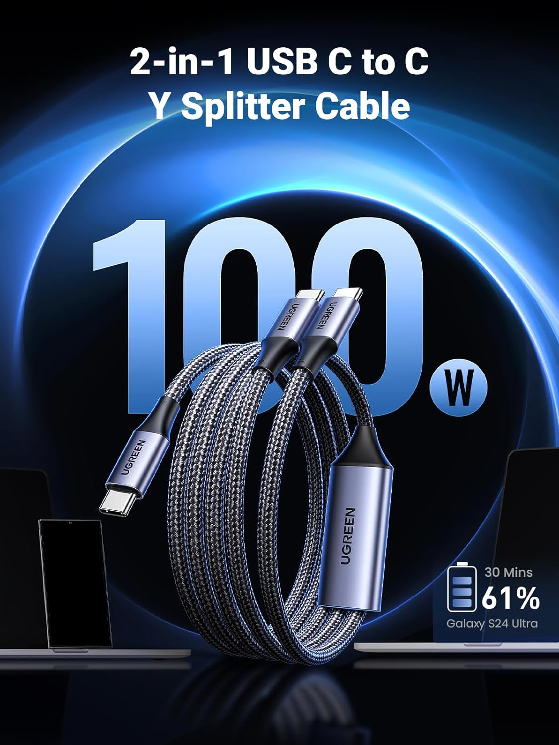 UGREEN 2 - in - 1 Universal PD Fast Charging Cable Multi Connector High Speed 5A Current Max 100W Power Delivery Multi Devices Compatibility Braided Wire - AHW Store