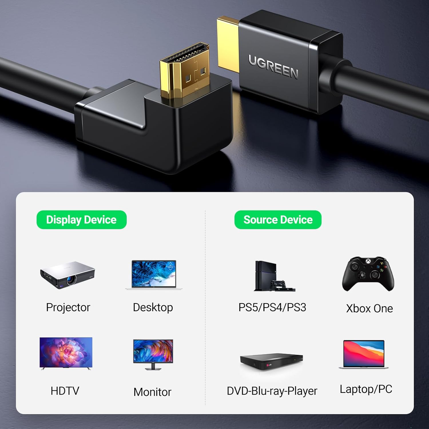 Ugreen HDMI Cable Right Angle 90 Degree 2M - HD103 - Black - AHW Store