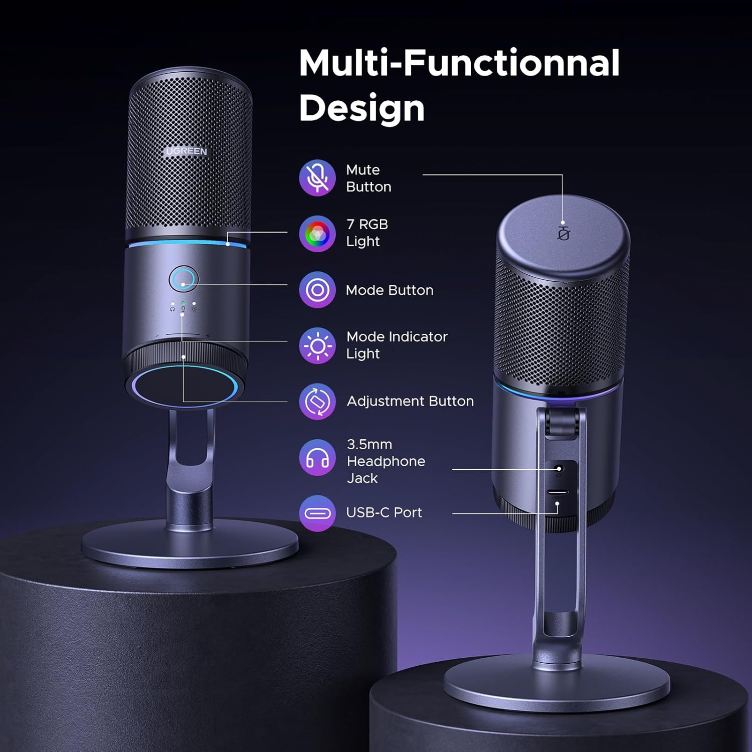 UGREEN Microphone for PC, USB Mic with RGB Lights, Mute Button, 24bit/96kHz, Cardioid Polar Pattern, - AHW Store