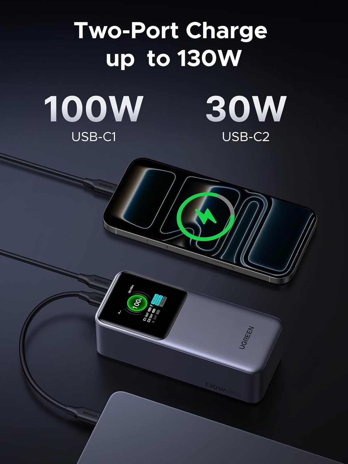 UGREEN Nexode Power Bank 20000mAh 130W Portable Charger 72Wh PD Fast Charging 3 - Port USB C Battery P - AHW Store