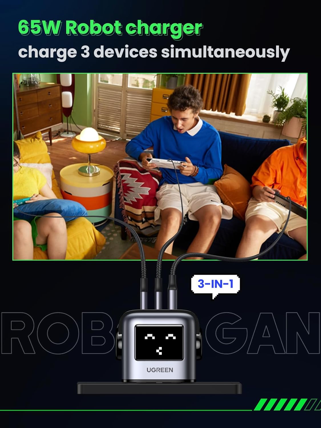 UGREEN UNO 65W USB C Charger 3 - Port【Nexode 65W GaN】【LED Display】Compact Funny Fast Charger Type C Po - AHW Store