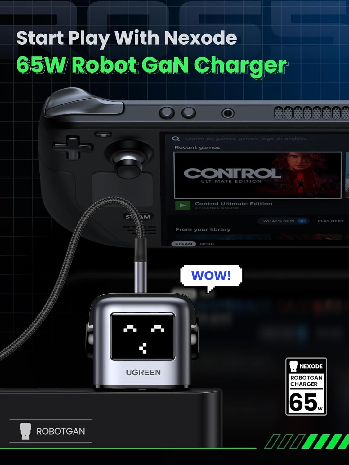 UGREEN UNO 65W USB C Charger 3 - Port【Nexode 65W GaN】【LED Display】Compact Funny Fast Charger Type C Po - AHW Store