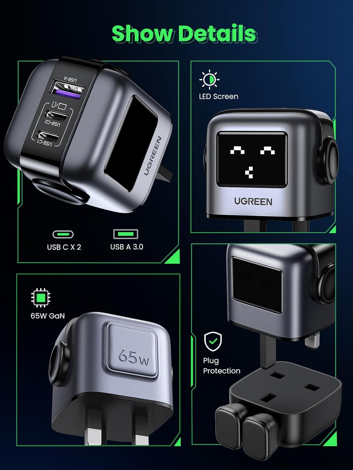 UGREEN UNO 65W USB C Charger 3 - Port【Nexode 65W GaN】【LED Display】Compact Funny Fast Charger Type C Po - AHW Store