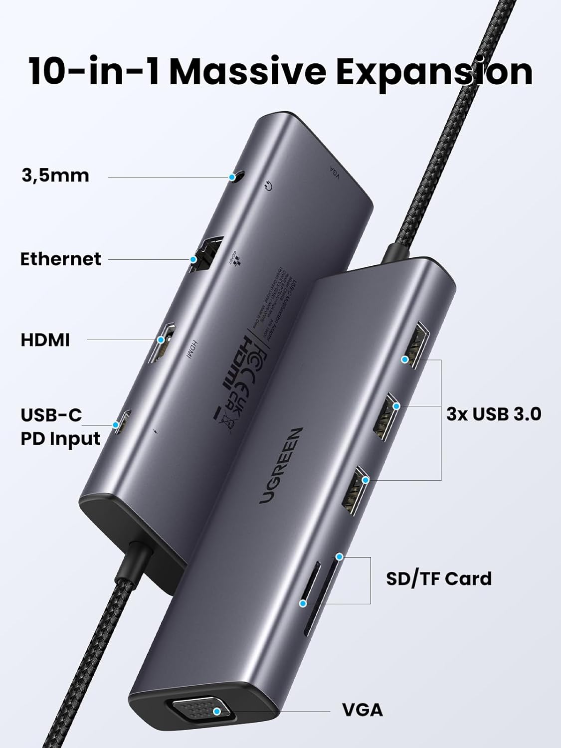 UGREEN USB Hub Type - C 10 in 1 Dongle With 4K HDMI & VGA Grey - AHW Store