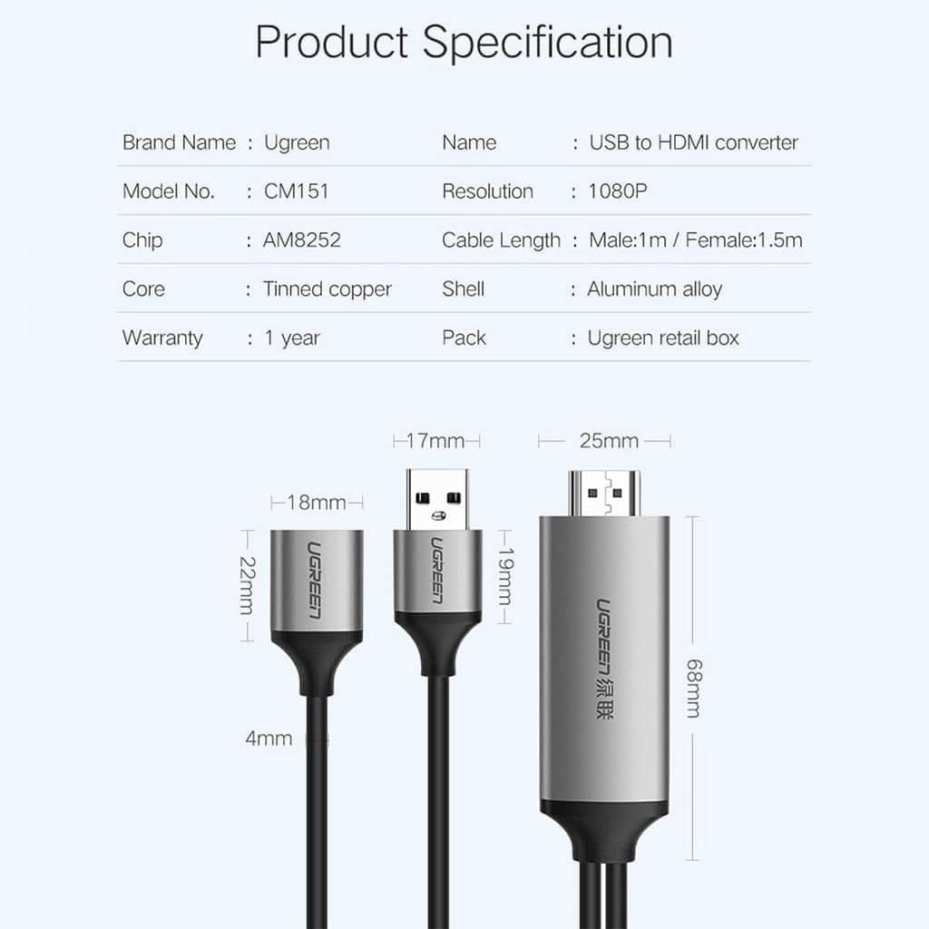 UGREEN USB to HDMI Digital AV Adapter 1.5m (Gray) - AHW Store