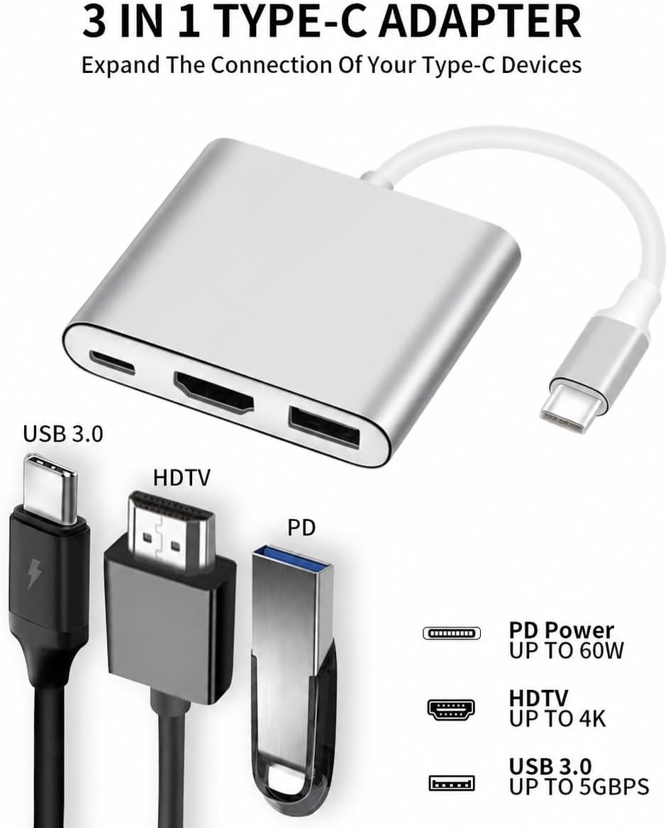 USB-C to HDMI 3-in-1 Adapter Silver - AHW Store