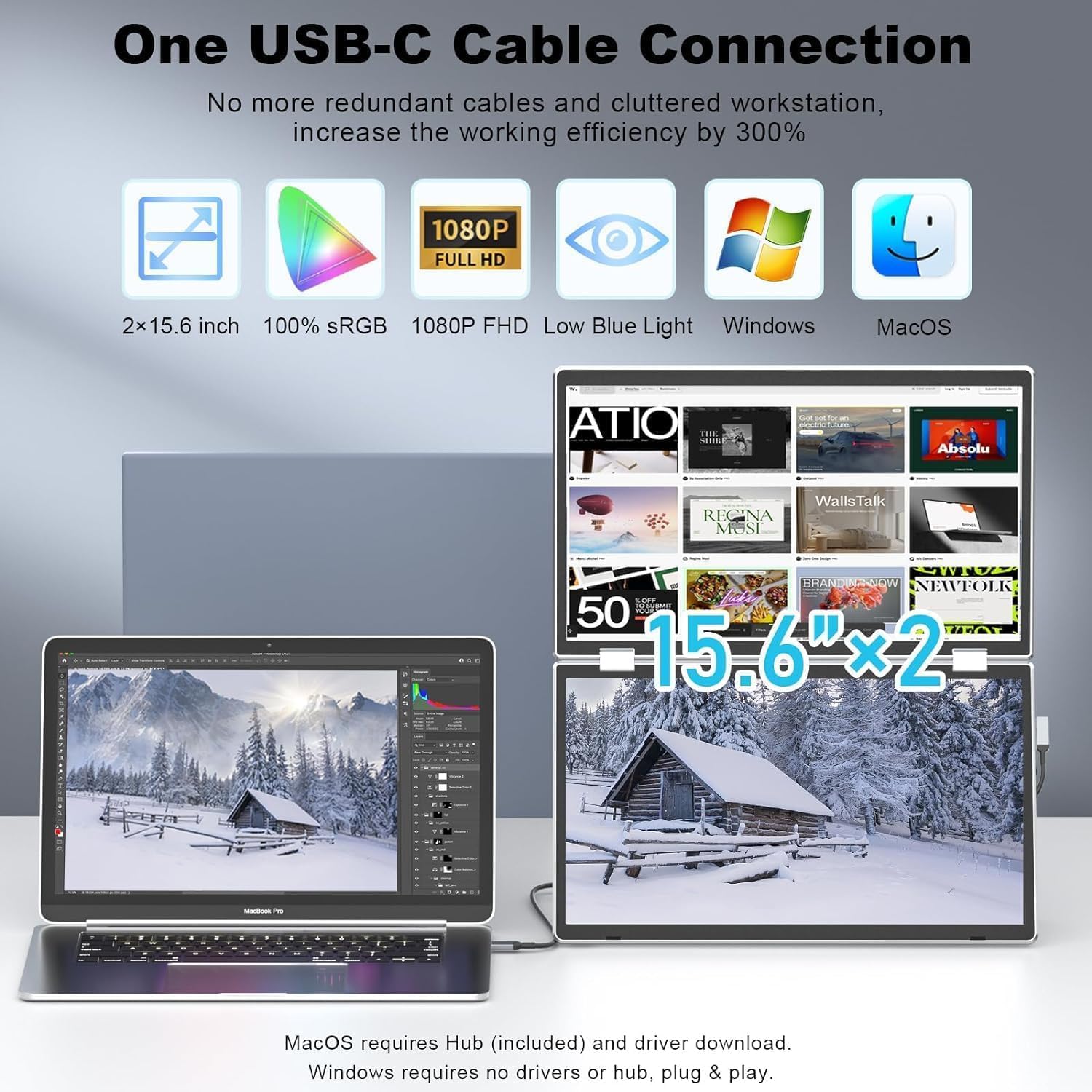 V2Com M2 15.6" FHD Folding Dual Portable Monitor Tilt & Rotate - AHW Store