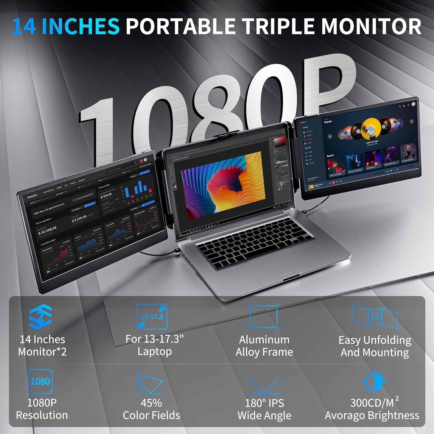 V2Com S2 14" FHD IPS Anti - Glare Portable Monitor Triple Extender Type - C/HDMI Speakers - AHW Store