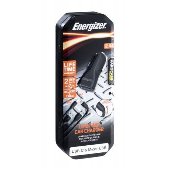 Energizer car charger 2.4a 2USB ports + Type-C cable
