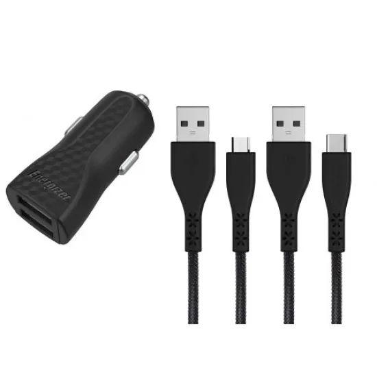 Energizer car charger 2.4a 2USB ports + Type-C cable