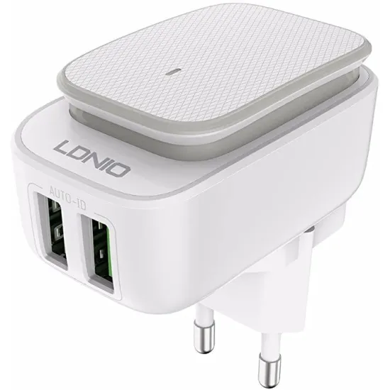 LDNIO A2205 LED Touch Lamp Adapter With Lightning Cable 2 USB Port Type c Cable - White