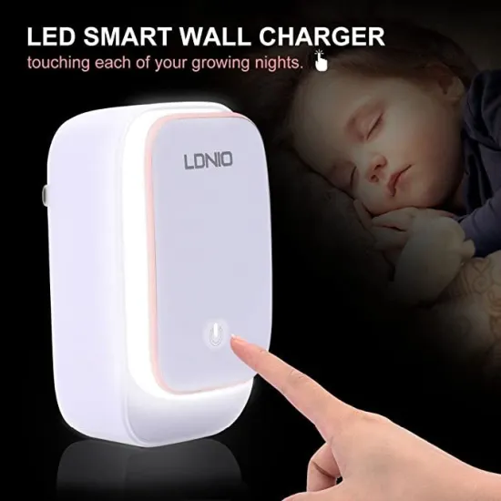 LDNIO A2205 LED Touch Lamp Adapter With Lightning Cable 2 USB Port Type c Cable - White