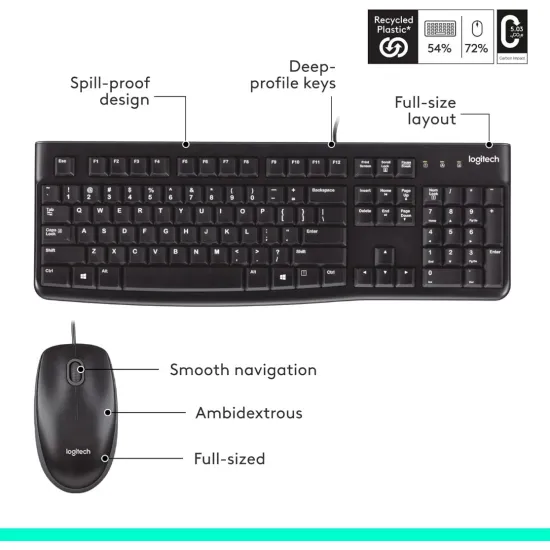 Logitech MK120 Wired Keyboard and Mouse Combo for Windows, English & Arabic Keys Optical Wired Mouse, Full-Size Keyboard, USB Plug-and-Play, Compatible with PC, Laptop - Black