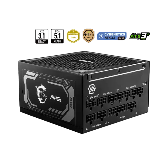 MSI MAG A1000GL PCIE5 1000 Watt 80+ Gold Fully Modular PCIe 5.1 ATX 3.1 Power Supply