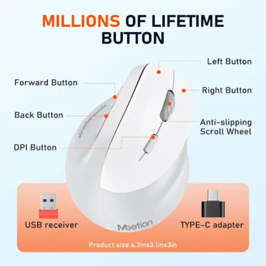 Meetion BTM010R Right Handed Ergonomic Wireless & Bluetooth Rechargeable 2400 DPI 7 Buttons White