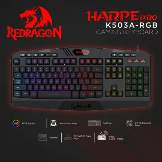 Redragon K503 Harpe RGB Wired Gaming Keyboard Membrane English Black