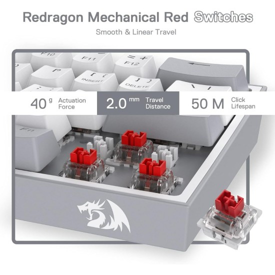 Redragon K617 Fizz 60% 61 Key RGB Mechanical Gaming Keyboard RED Switch - White & Gray