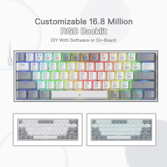 Redragon K617 Fizz 60% 61 Key RGB Mechanical Gaming Keyboard RED Switch - White & Gray
