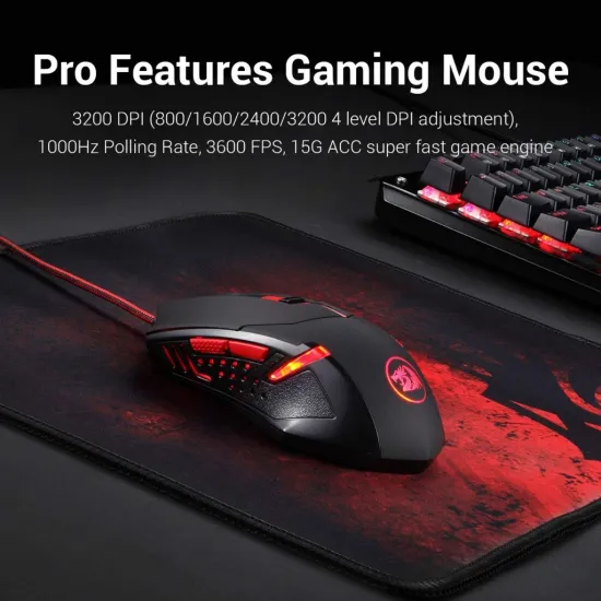 Redragon M601BA Wired Gaming Mouse RED LED 3200 DPI 5 Buttons & Mousepad Black