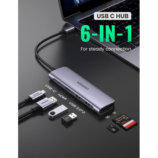 UGREEN USB-C to 2 Ports USB3.0-A Hub + HDMI + TF-SD with PD Power Supply Space Gray 6957303874118 