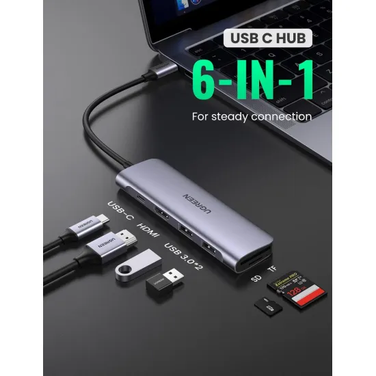 UGREEN USB-C to 2 Ports USB3.0-A Hub + HDMI + TF-SD with PD Power Supply Space Gray - 70411